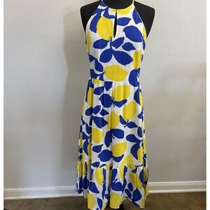 Loft Ann Taylor Lemon Print Blue Yellow MIDI Halter Linen Blend Lined Dress Sz 2